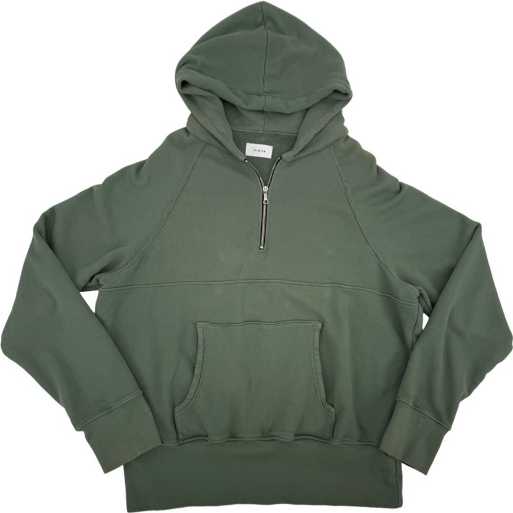 PREMIUM Size XL Quarter Zip Hoodie Distressed Green Heavyweight Cotton Boxy Fit